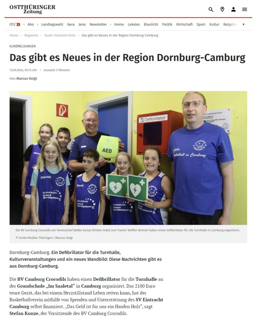 OTZ Artikel vom 15.05.2024 - Defibrillator für die Turnhalle Camburg